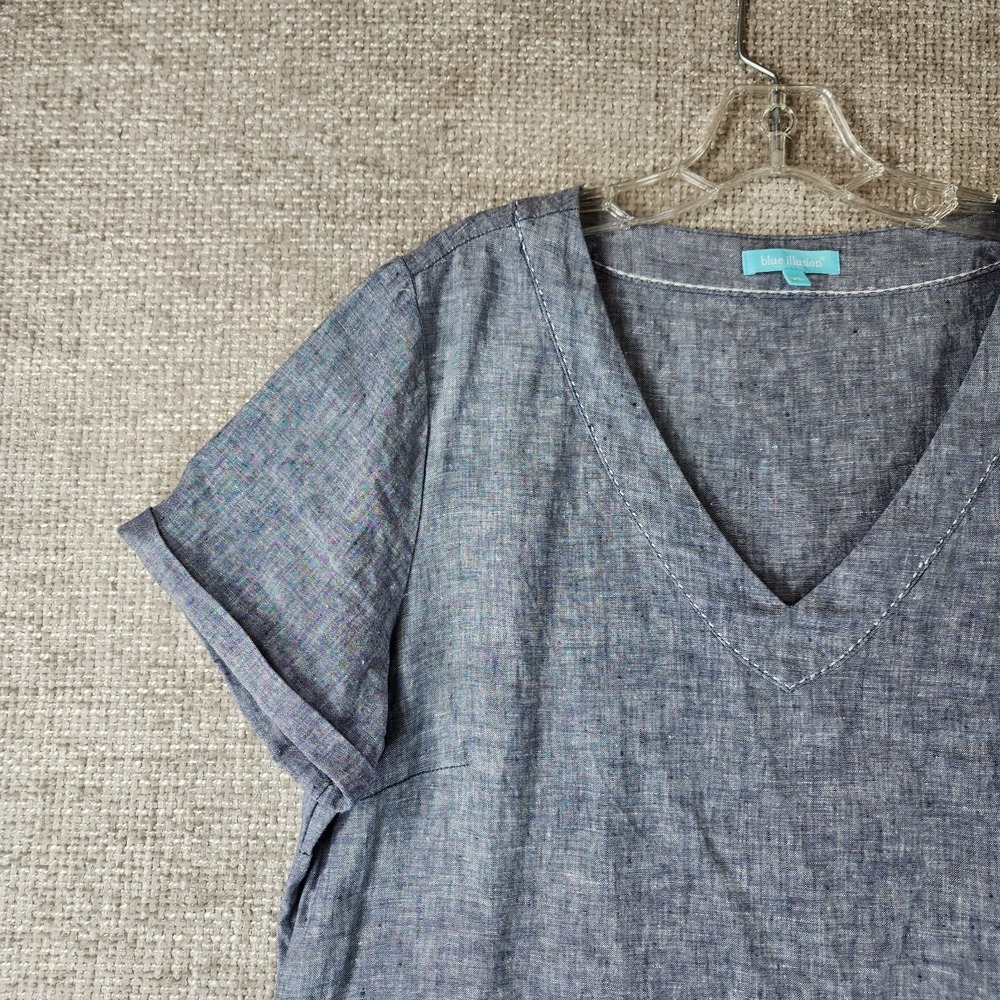 Blue Illusion 100% French Linen Midi Dress Womens XL Blue Short Sleeve Shift - Picture 2 of 11